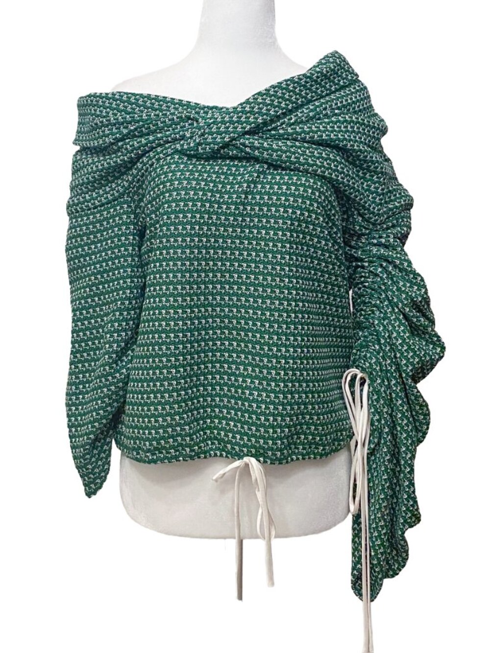 HELLESSY Green Patterned Off-The-Shoulder Asymmetrical Ruched Sweater M US 8